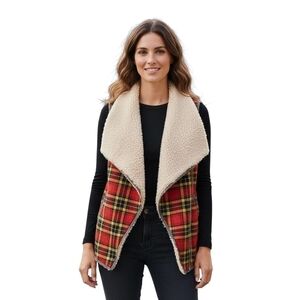 Red plaid fuzzy Shearling Sherpa vest